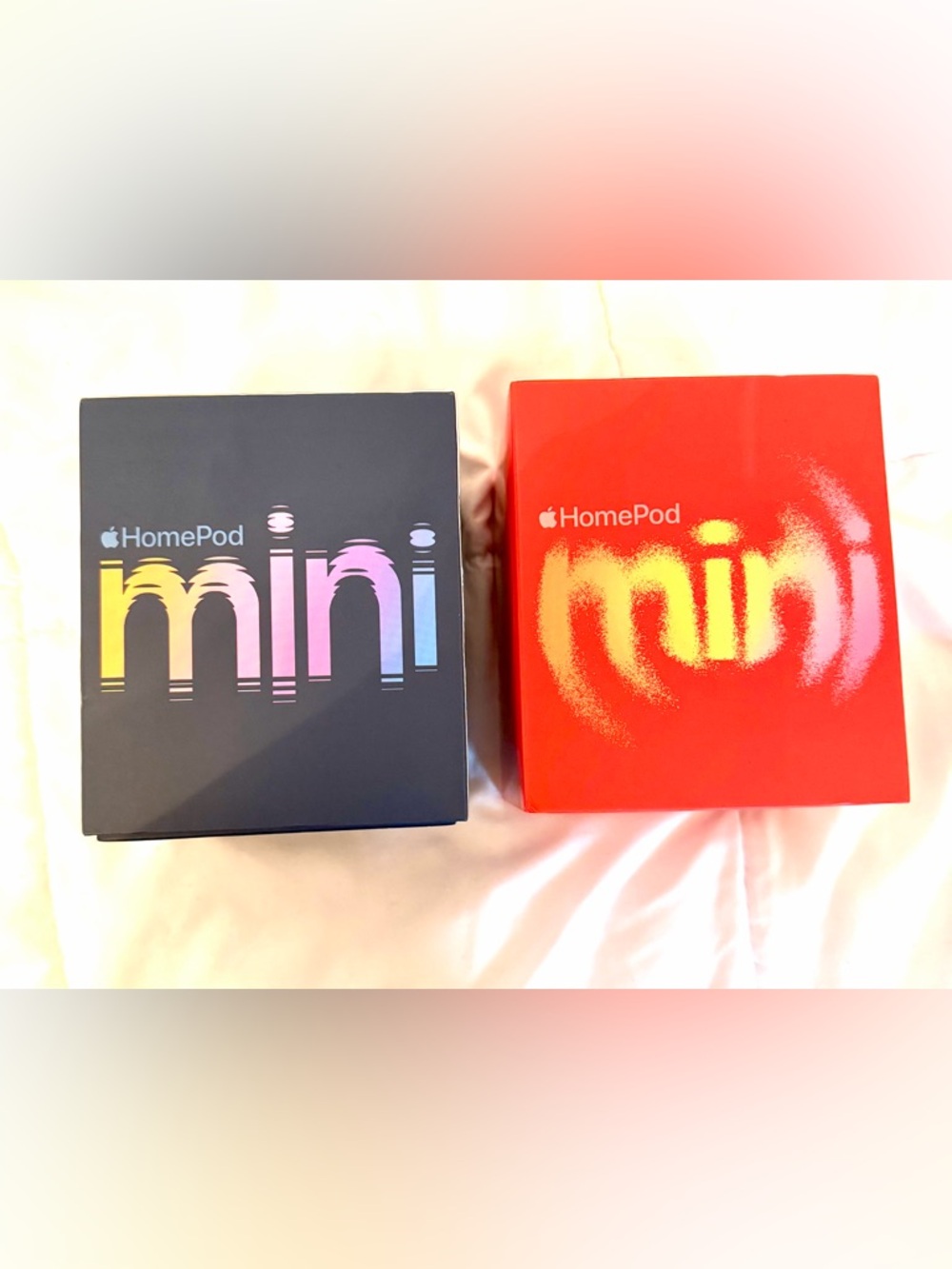Apple HomePod mini speakers with boxes - Navy & Bright orange Red